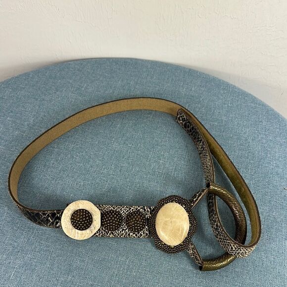 Accessories - Boho Women's Snake Print Leather Belt With Cream Accents One Size